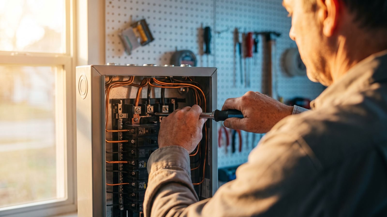 Electrician working inside a residential electrical panel